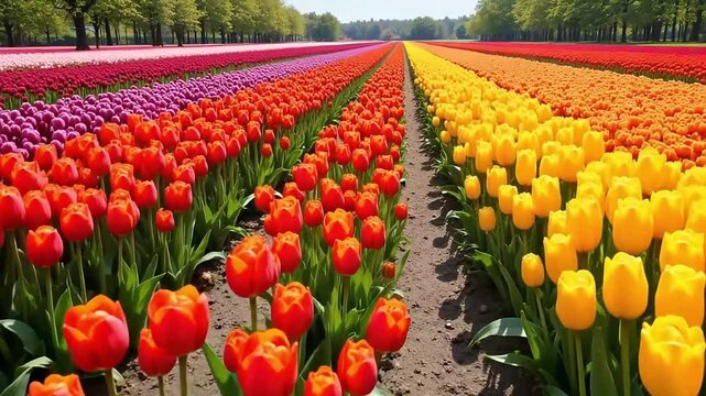 Stunning tulip fields bursting with vibrant spring colors create a breathtaking floral tapestry in motion video clip