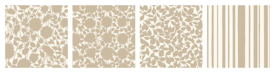 Hand drawn vector dahlia flower, leaves, stripes seamless patterns in light beige color.