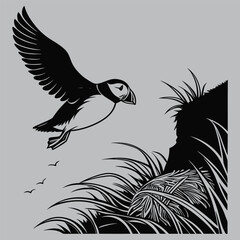 Puffin Landing Near Cliffside Nest silhouette vector design art and illustration