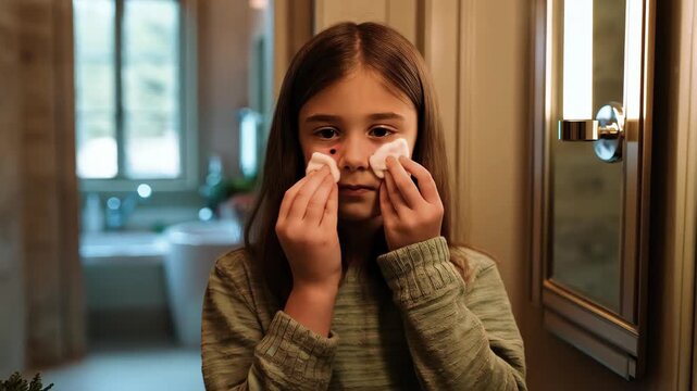 Girl is wiping her face with tissue. Concept of vulnerability and self-care. teenage girl wipes her face with cotton pads with two hands. cleanses skin of pimples and teenage acne.concept of skin care