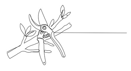 Pruning shears on tree limb in line art style  