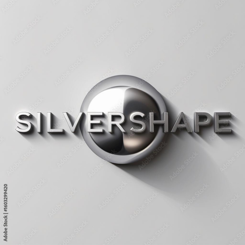 Aufkleber Metallic letters spelling silvershape next to a spherical object casting shadows on a light colored surface