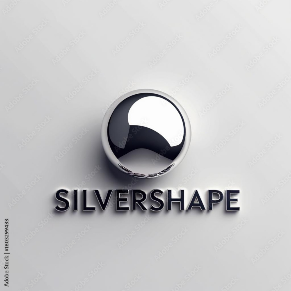 Fototapete metallic sphere with reflections above the word silvershape on a light surface creating a simple com