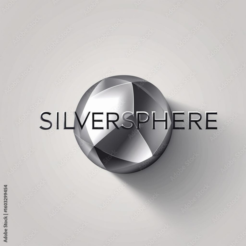 Poster polygonal sphere with reflective surfaces on a light surface casting shadow with the word silversphe