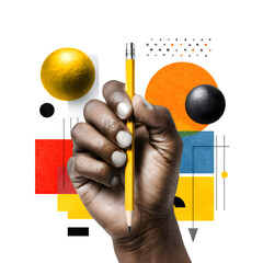 Human hand holding a yellow pencil with colorful abstract shapes and geometric patterns isolated on transparent background