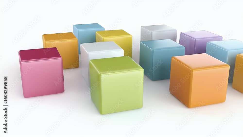 Poster colorful cubes: abstract 3d animation of dynamic block arrangement
