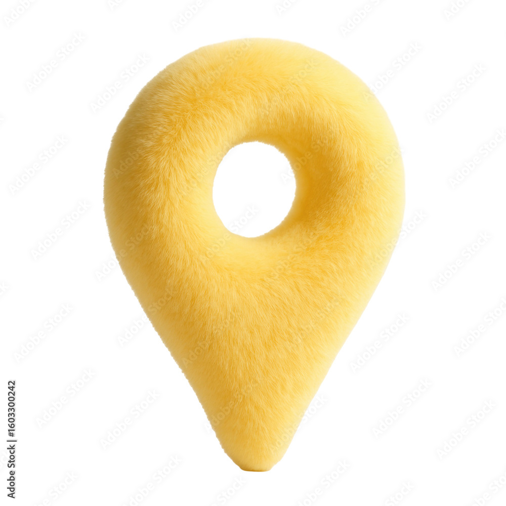 Poster soft plush yellow location pin icon symbolizing navigation and travel on transparent background conv