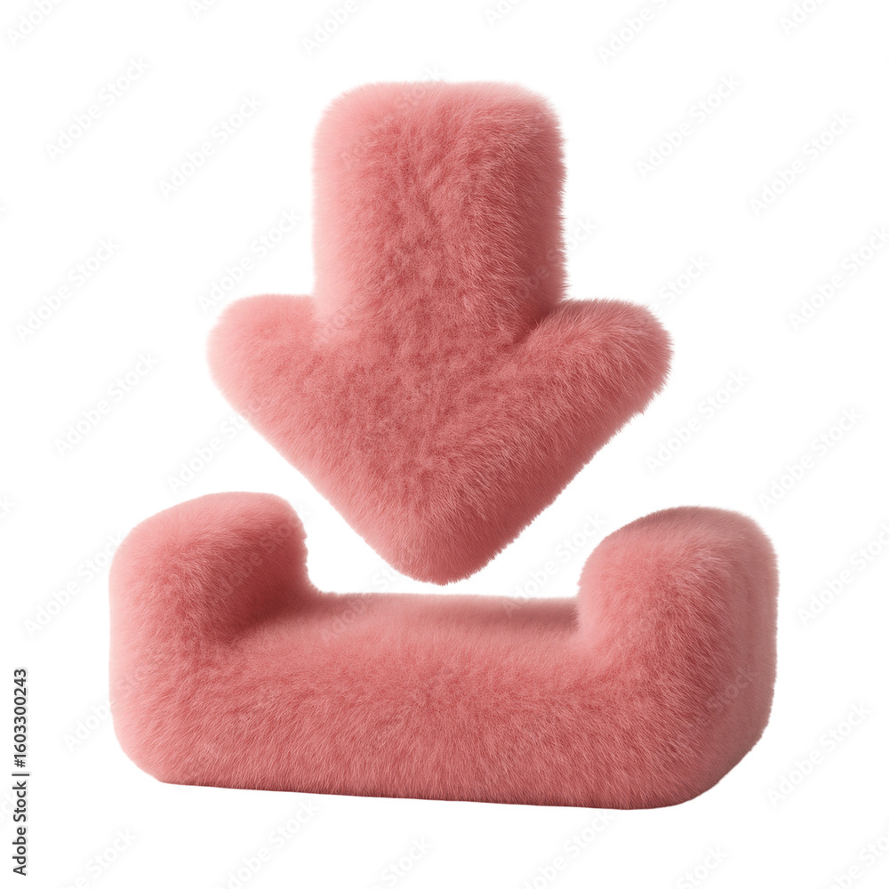 Poster pink fluffy arrow pointing down symbolizing direction and movement on a transparent background