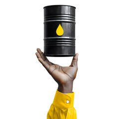 Hand holding a black oil barrel with a yellow drop symbol isolated on transparent background