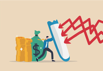 Financial security, money loss or wealth protection, defense from cyber attack or economic recession concept, strong businessman holding shield to protect from red arrow attacking financial security