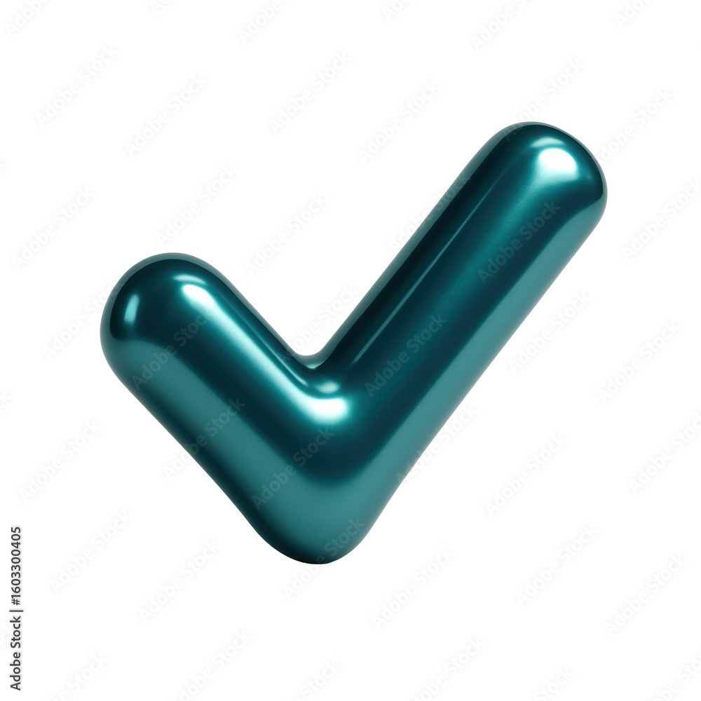 Poster glossy turquoise check mark icon symbolizing approval or confirmation on a transparent background, u