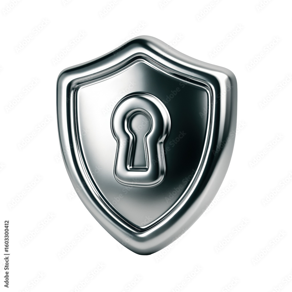 Poster metallic shield icon with keyhole symbolizing security and protection against cyber threats on a tra