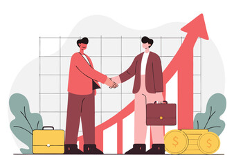 Two businessmen shaking hands in agreement with a rising graph and coins symbolizing financial success and partnership