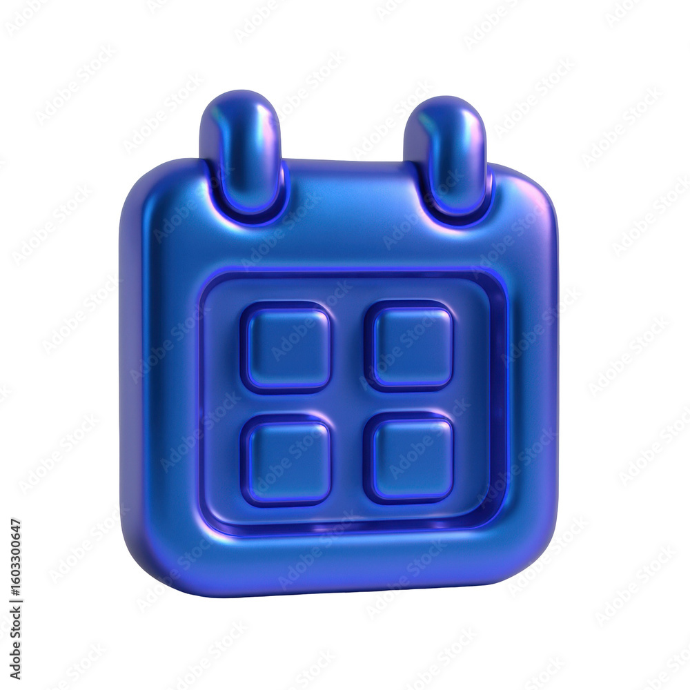 Poster glossy blue calendar icon with a modern 3d design on a transparent background, representing scheduli