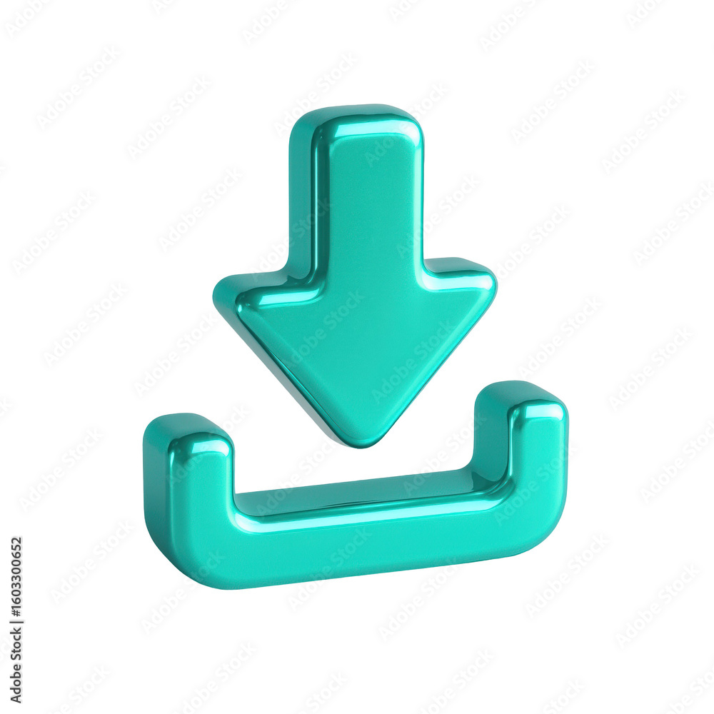 Poster glossy teal download arrow icon on transparent background symbolizing data transfer and digital tech