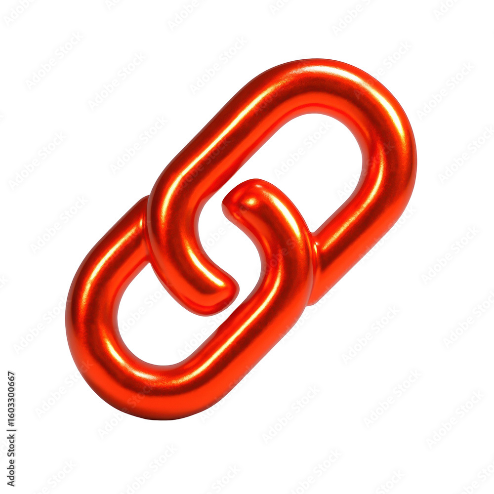 Poster 3d icon of glossy red metal chain link icon symbolizing connection and strength, isolated on transpa