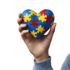 Hand holding a heart shaped globe puzzle representing global connection and unity isolated on transparent background