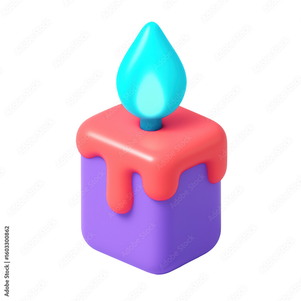 Poster 3d icon colorful abstract cube candle with flame dripping wax isolated on transparent background for