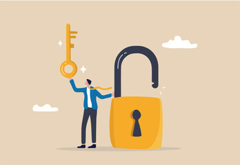 Golden key to unlock, solve business problem, professional to give solutions, success business key or unlock business accessibility concept, smart businessman holding golden key to unlock the pad