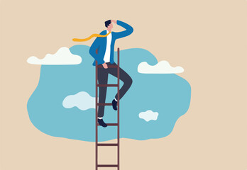 Ladder of success, vision to lead business to achieve goal or opportunity in career concept, smart confident businessman leader climb up to reach top of ladder high in the sky look forward to future