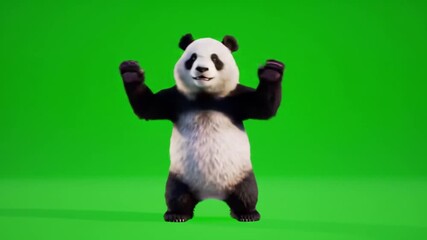 A cheerful panda bear standing with raised fists on a green screen background, conveying excitement and joy in a studio setting.