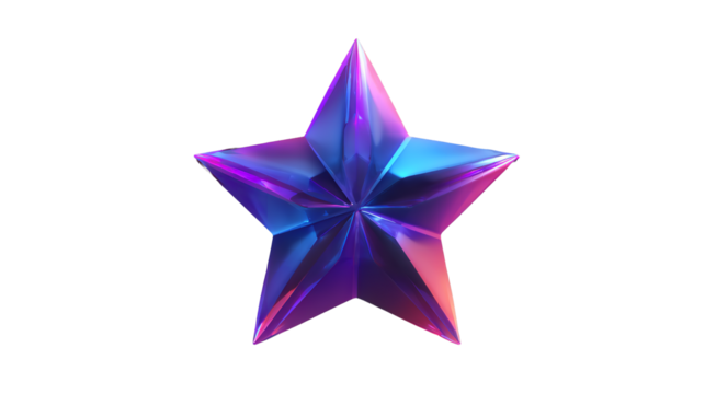 Geometric five pointed star with iridescent color gradient on transparent background - Powered by Adobe