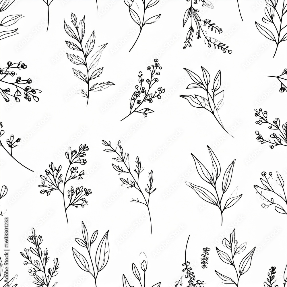 Aufkleber seamless leafy pattern with minimalist design in black and white color scheme
