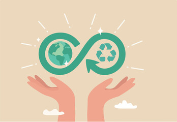 Circular economy, sustainability, ecology with reusable resource, energy or eco friendly product, recycle material or environment protection, climate change concept, hand hold circular economy cycle