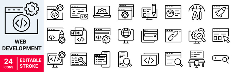 Web Development icon set. Website, Programming coding icon set. Software development icon collection. Programmer and developer symbol vector illustration.