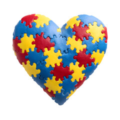 Heart shaped puzzle made of autism awareness puzzle pieces isolated on transparent background