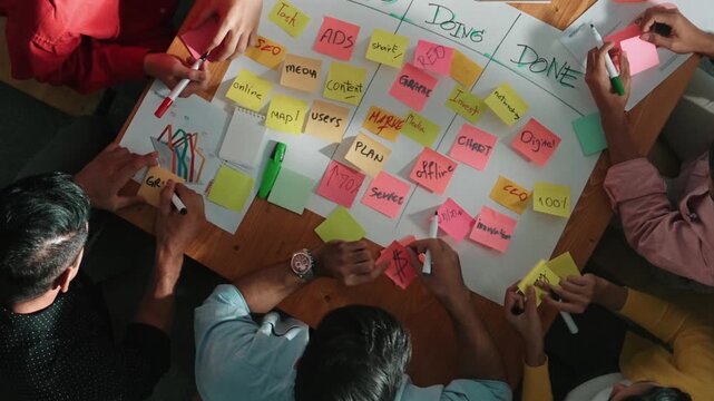 Top view of people writing and making scrum task board while writing marketing and planning strategy at colorful sticky notes. Smart team manage work performance by using kanaban board. Convocation.