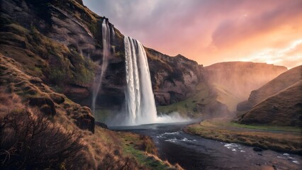 Majestic Waterfall at Sunset