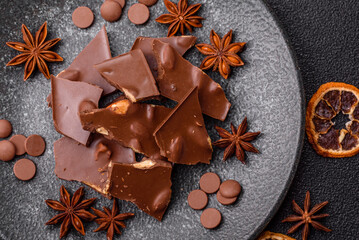 Bar sweet craft artisan chocolate with dried fruits made at home. Craft chocolate