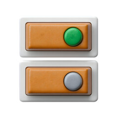 Two orange electronic key fobs with different labels and buttons isolated on transparent background