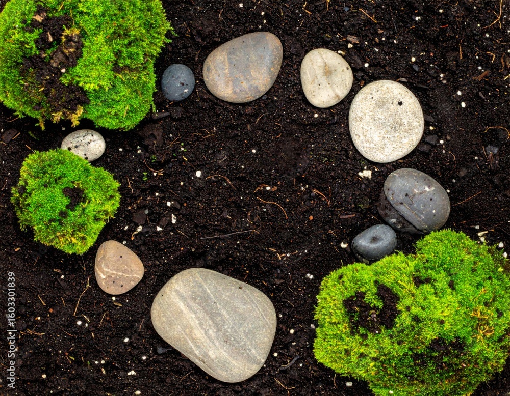 Poster overhead view of moss stones and soil in circular arrangement creating earthy backdrop