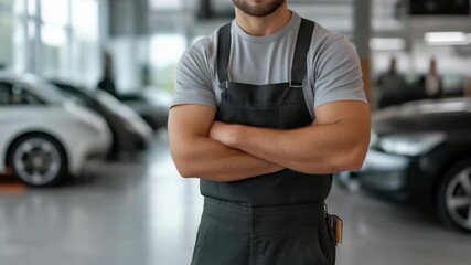 Confident mechanic in workshop with cars in background unfolding potential