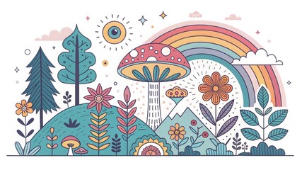 Fantasy Landscape with Rainbow, Mushrooms, and Flowers