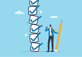 Complete checklist, correct or approval task list, productivity or efficiency compliance, perfect accomplish or task done concept, businessman hold pencil will all completed checklist finished tasks