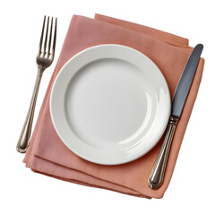 A white plate with a fork and knife set on a peach napkin isolated on transparent background