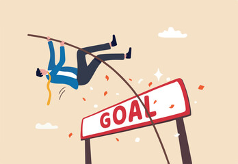 Reach business goal or target, success, achievement or challenge to overcome obstacle and win competition, performance or skill to reach goal, winner concept, businessman pole vault jump reach goal