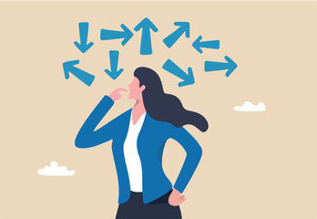 Tough decisions, choosing career path, make choices or think about final result, business directions challenge, confusion or decide options concept, businesswoman thinking and make business decisions