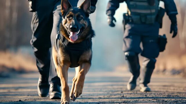 Energetic police canine patrol: german shepherd and officers on a mission