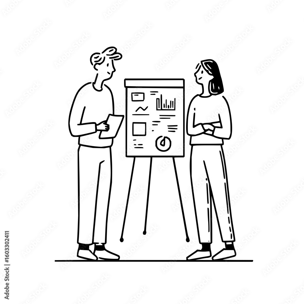Poster two people discussing data charts on a presentation board in a tech related business setting scene o