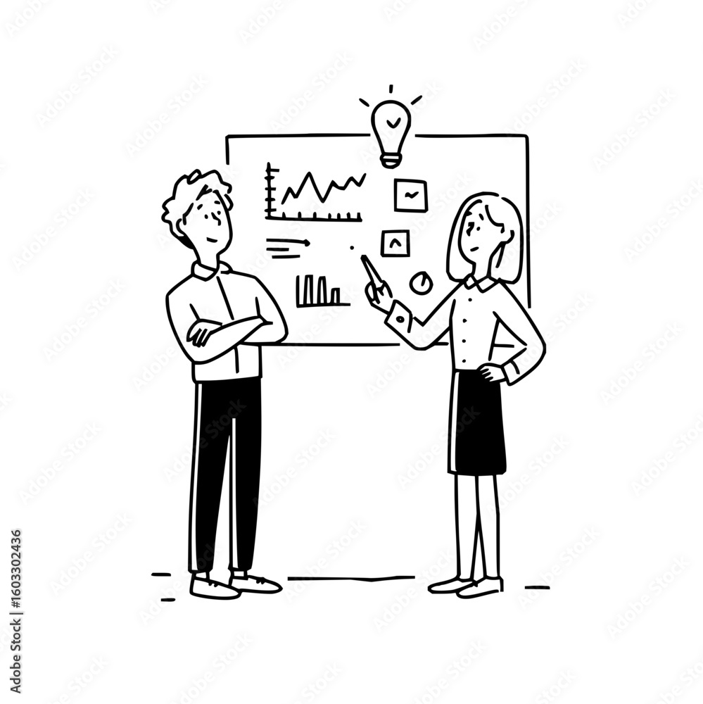 Aufkleber two people presenting data on a whiteboard with a lightbulb above it in a tech presentation office l