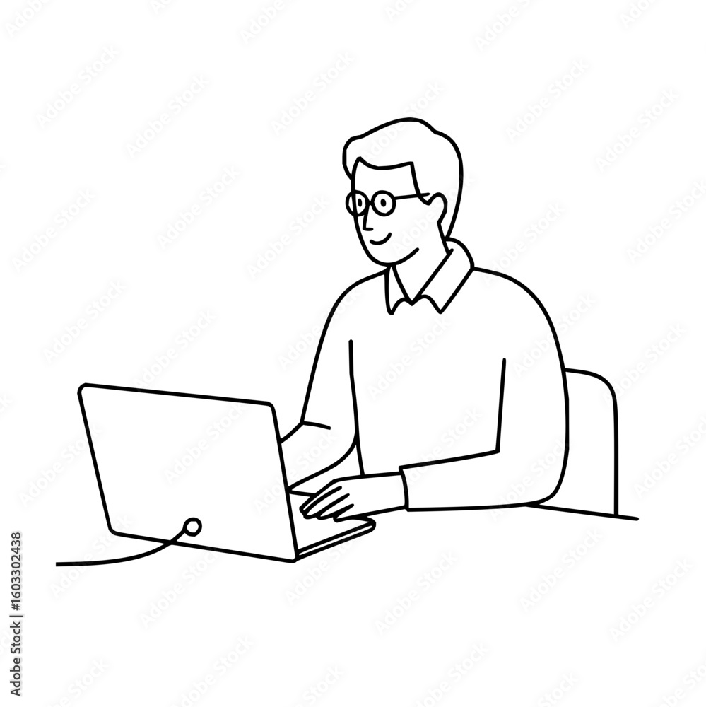 Poster man with glasses working on a laptop computer at a desk in a minimalist line art style illustration 