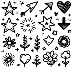 Sketch doodle cute star, emphasis, flower element. Cute line sketch star, arrow, heart decoration element icon set. Pen line text decoration shape icon. Vector illustration. JPEG version.