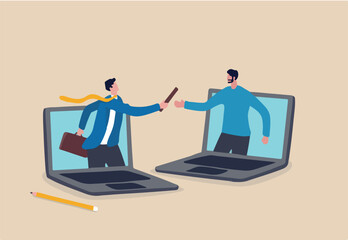 Outsourcing hiring outside worker to perform service, pass or transfer work to other team, remote work or telework concept, businessman boss pass or relay baton to outsource team to work remotely