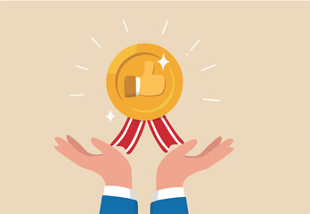 Endorsement or recommendation for employee or product, high quality approval, public support or positive satisfaction evaluation concept, businessman hand giving thumb up honor endorsement badge