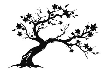 Silhouette of an Elegant Flowering Tree with Delicate Branches and FivePetaled Blossoms