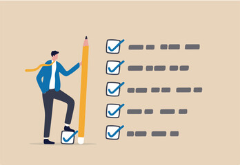 Getting things done, completed tasks or business accomplishment, finished checklist, achievement or project progression concept, businessman expert holding pencil tick all completed task checkbox